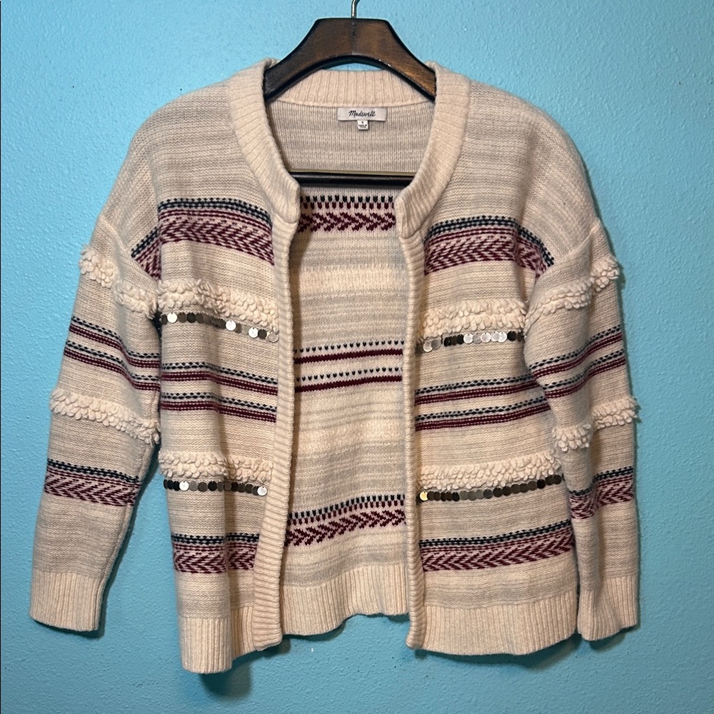 Madewell Cream and Burgundy Patterned Cardigan 100% Merino Wool